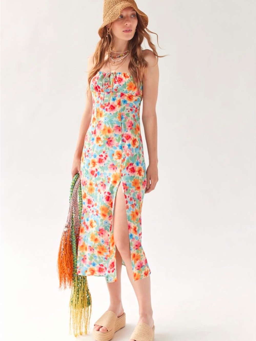 Kiss The Sky Urban Outfitters Colorful Floral Midi Dress with Slit